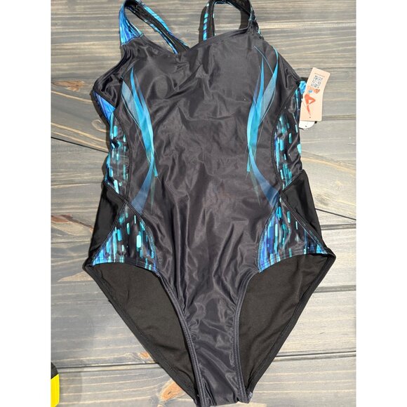 Womens One-Piece Racerback Swimsuit UPF 50+ Size L Blue & Black 82% Nylon & 18% - Picture 1 of 5